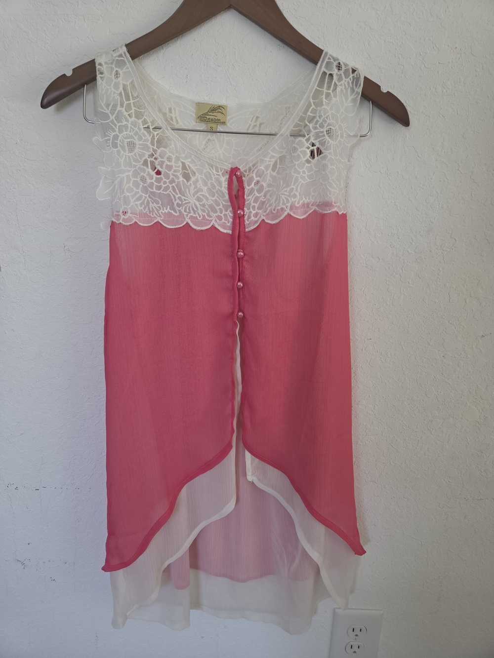 Sugar Boho Crochet Lace Y2K Fairycore Layered High-Low Chiffon Blouse S